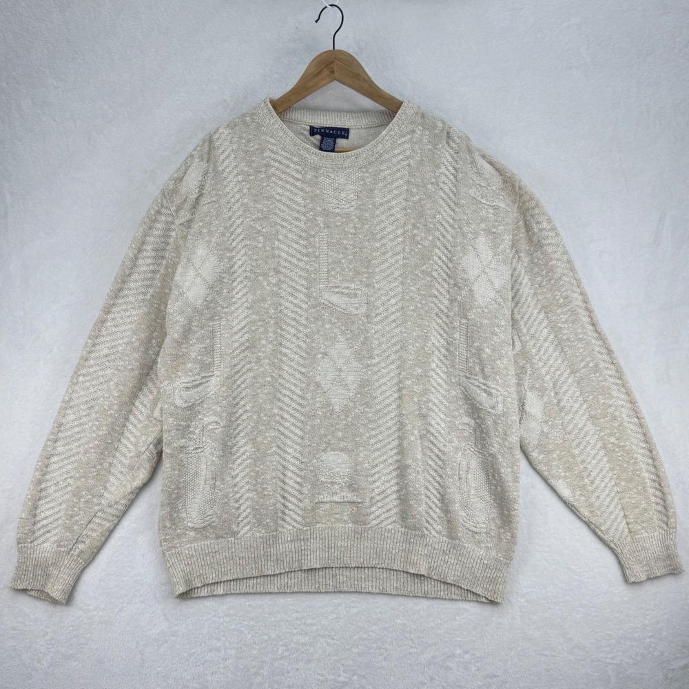 Vintage‎ Pinnacle USA Textured Knit Sweater XL Beige Cream 90s Coogi Style